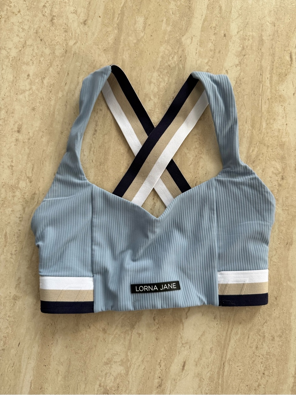 Lorna Jane Powder Blue Ribbed Sports Bra with Striped Crossback
